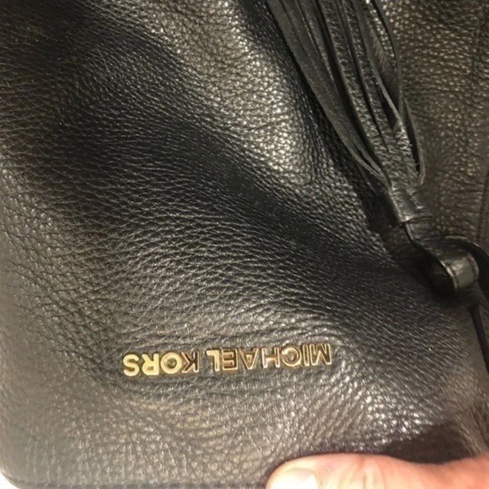 Michael kors black leather tassel tote bag